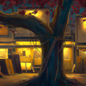 japan, tokyo, trees, izakaya, anime oil painting, high resolution, ghibli inspired, 4k