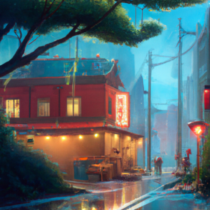 japan, tokyo, trees, izakaya, anime oil painting, high resolution, ghibli inspired, 4k