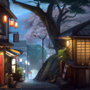 japan, tokyo, trees, izakaya, anime oil painting, high resolution, ghibli inspired, 4k